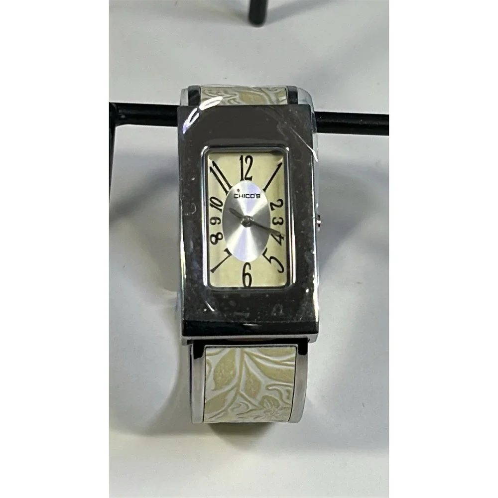 Chico's CH-921 Floral Cuff Watch Cream Silver Tone Japan Movement NEW